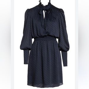 JULIA JORDAN Navy w/ Black Velvet Polka Dots & High Ruffle Collar Bow Tie Dress